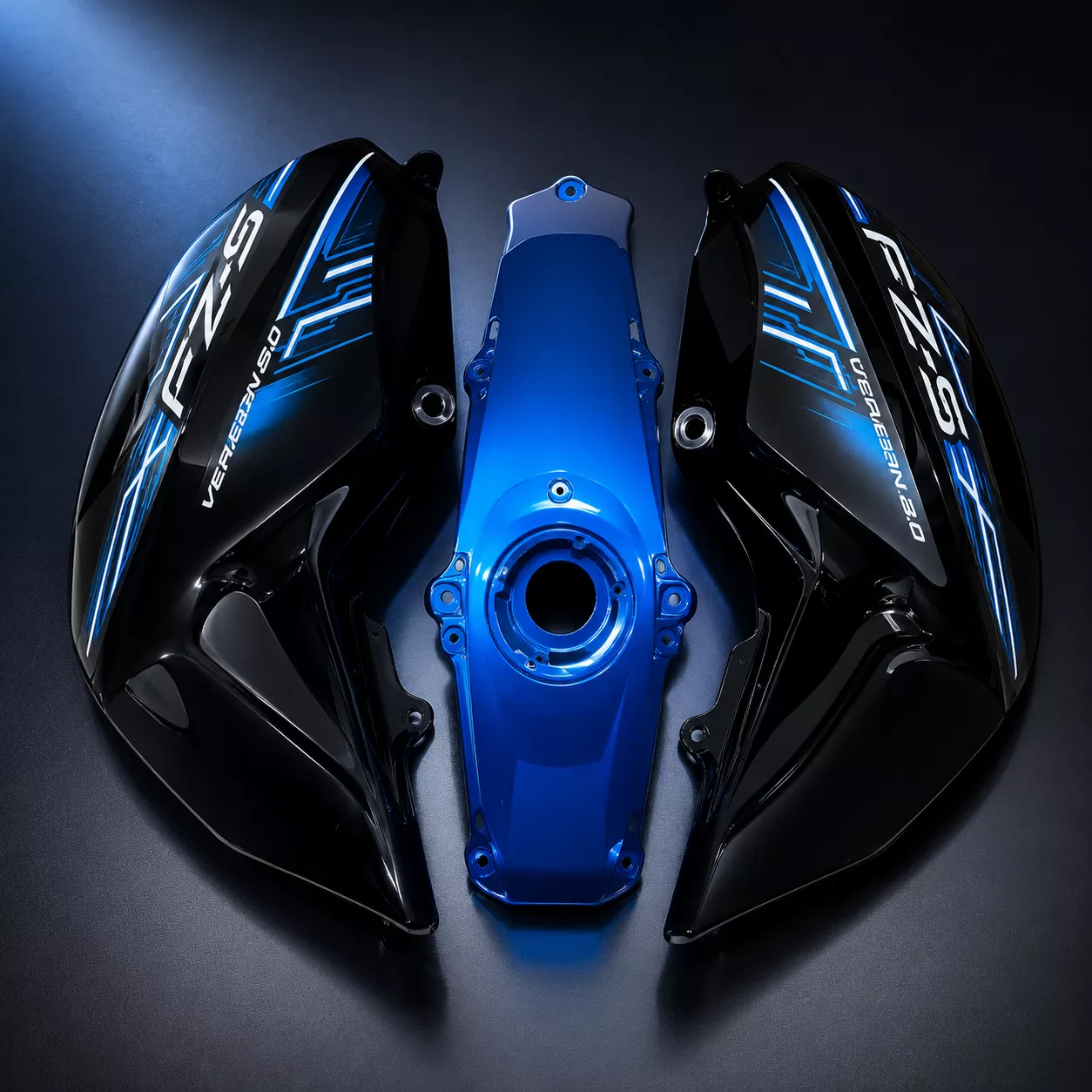 Eauto Tank Cover with Graphics for Yamaha FZ-S V2.0 - Black and BlueCyan - Set of 3